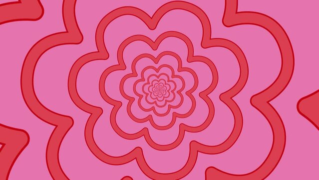 Pink retro, colorful rotating flowers tunnel, groovy, hippie, flat, abstract, cartoon looping background.