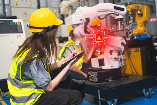 Professional and intelligence engineers used technical hard skill to fix, repair or maintenance an error system machine robotic arm in factory or industrial, examining or welding automobile workshop