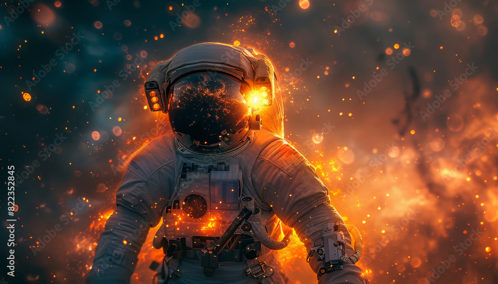 Sticker a colorful astronaut is reaching out to a glowing cloud of colorful gas by ai generated image