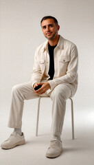 A young man in casual attire, sitting in a professional photo studio