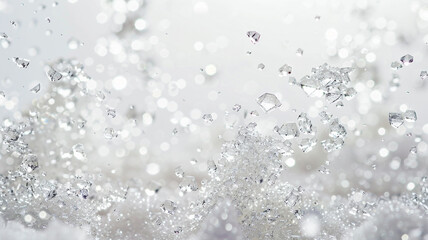 Sparkling sugar crystals falling gracefully against a white backdrop