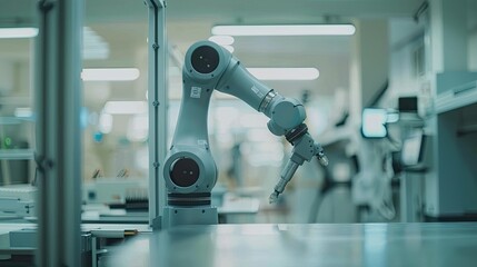 An industrial robot arm operates within an AI-inspired manufacturing facility, surrounded by modern technology and microchips on the assembly line, all against a white color theme.