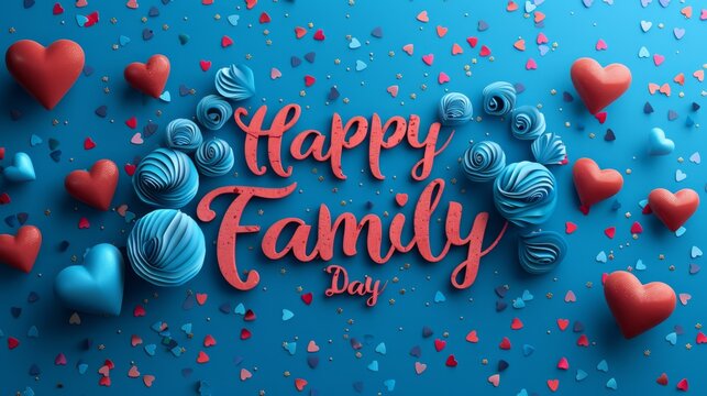 family celebration, happy family day in bold red, surrounded by hearts and confetti, creates a festive and joyful atmosphere