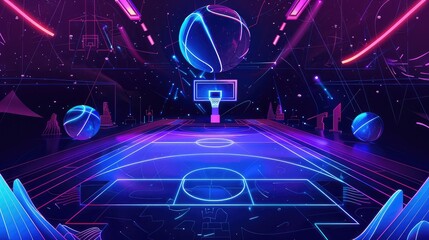 A basketball court with a glowing blue ball and neon lights.