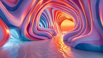 Abstract landscape with colorful curved patterns leading to a sunset.