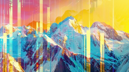 Snow-capped mountains with a sunrise or sunset sky that has a glitch effect.