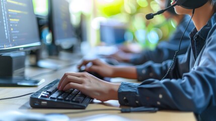 IT support helpdesk, Call center, Customer service representatives with headsets