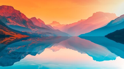 Obraz premium Serene Minimalist Landscape: Double Exposure Silhouette of Mountains and Lake with Copy Space and Bright Colors