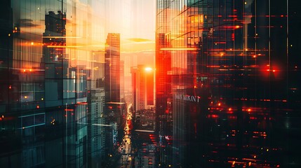 Urban Symphony at Sunset - Minimalist Cityscape with Vibrant Hues and Double Exposure Silhouette