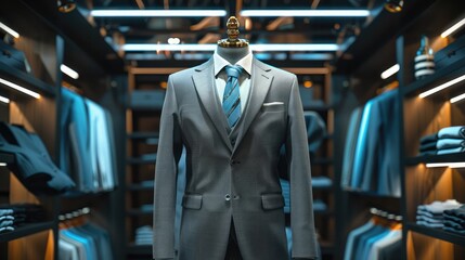 Men's shirt in the form of grey suits on a mannequin in the atelier.Generative AI