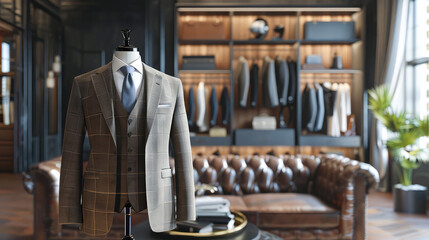 Naklejka premium Men's shirt in the form of grey suits on a mannequin in the atelier.Generative AI