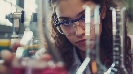 Girl student learn doing science research and chemical experiment in science class laboratory