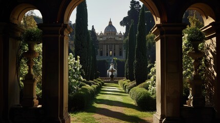 Obraz premium Through an archway adorned with green hedges against a dark-toned black background, a distant view of a church evokes a sense of mystery and tranquility.