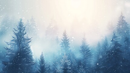 Serene Winter Wonderland: Double Exposure Snowy Forest and Clear Sky Background