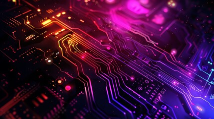 Futuristic Technology Background with Neon Lights and Circuit Board, Double Exposure Silhouette with Copy Space.