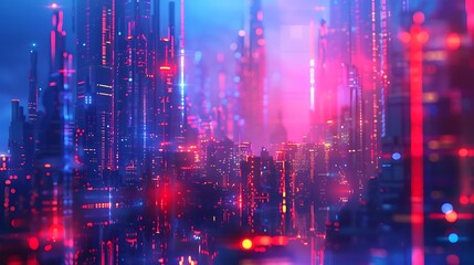 Futuristic Technology Background with Vibrant Holographic Cityscape and Sci-Fi Elements Silhouette, Copy Space for Design, Close-Up Focus on Innovation and Future Concepts