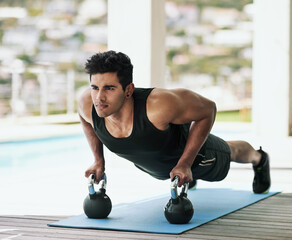 Push up, kettlebell or man in fitness training, exercise or workout for wellness, routine or...
