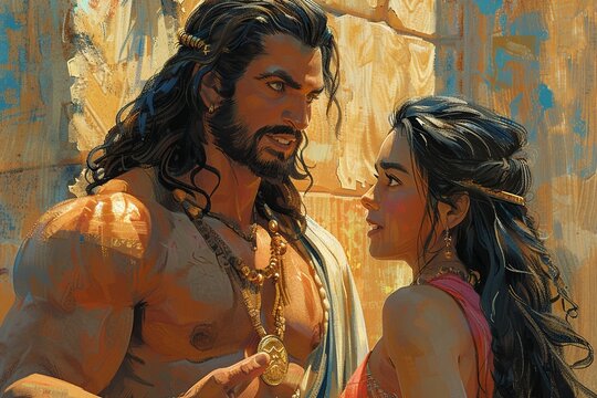 Experience a vibrant cartoon interpretation portraying Samson's resilience as he navigates betrayal by Delilah, symbolizing perseverance and the triumph of character in the face of adversity 