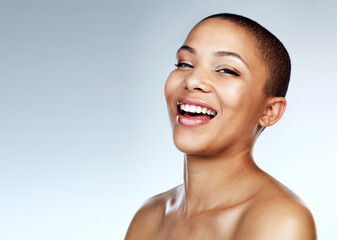 Portrait, skincare and woman with dermatology, smile and natural beauty on white studio background....