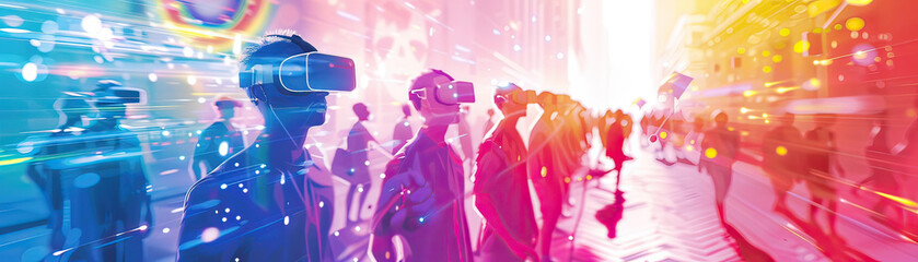 LGBTQ parade in a virtual reality world, with avatars and digital pride symbols, Techno-Futuristic, Illustration