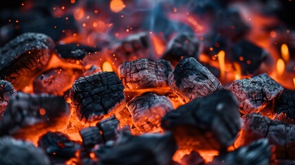 Close up of glowing hot coals for grilling or barbecuing. Abstract texture of burning charcoal with copy space. Summer barbecue concept