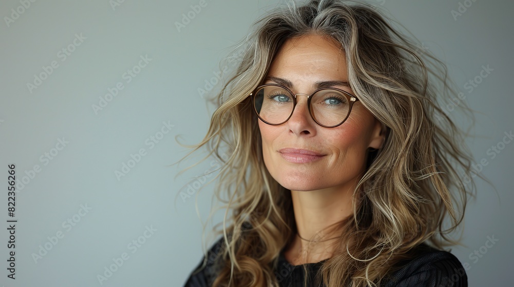 Wall mural middle age beautiful business woman wearing glasses standing over isolated white background looking to side relax profile pose with natural face and confident smile.stock photo