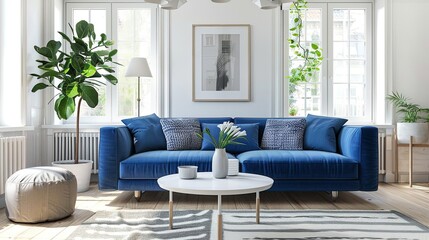 Fototapeta premium elliptical coffee table and blue sofa in bright scandinavian living room 3d interior rendering