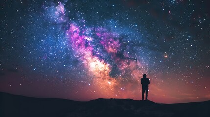 Fototapeta premium Illuminating Cosmic Beauty: Double Exposure Silhouette of Constellations in Starry Galaxy Deep Space Wallpaper Close Up with Copy Space Focus On