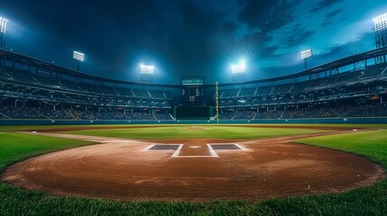 empty baseball stadium illuminated field awaits exciting game with cheering fans sports arena photo