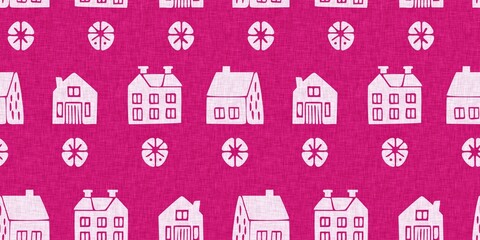 Modern town house summer abstract shape magenta pink color seamless border pattern with cloth fabric linen effect. Vibrant fresh childish design for drawn city textile ribbon trim or washi tape