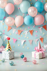 Vibrant birthday party decorations with balloons and gifts in festive setting