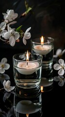 Serene candlelight with blooming white flowers on dark backdrop