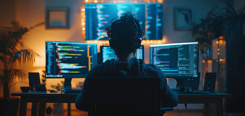 Blurry photo of a person sitting in front of multiple computer screens, coding.