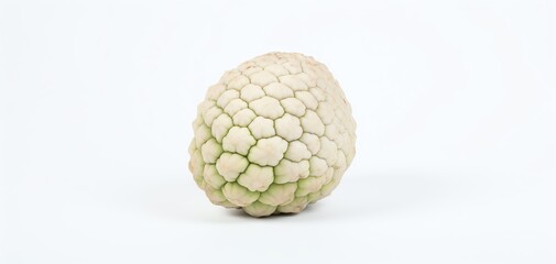 Fototapeta premium A single cherimoya fruit with a textured, scaly surface, isolated on a white background. Perfect for illustrating exotic fruit varieties.