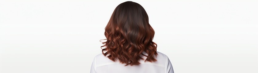 Fototapeta premium Back view of a woman with wavy brown hair against a plain white background, showcasing hairstyle and length.