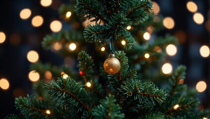 Christmas tree with blurred bokeh festive fairy lights.