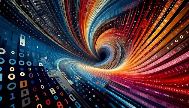 The abstract graphic created using binary code, with the code arranged in various ways to form interesting patterns.