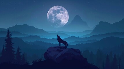 dramatic silhouette of majestic lone wolf howling at full moon mysterious night wilderness landscape illustration