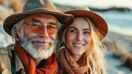 Portrait of a happy mature couple, enjoying a day on the beach at sunset. Both are wearing hats and scarves, smiling at the camera with the sea in the background, reflecting love and adventure.