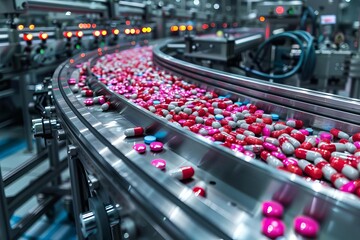 Obraz premium An advanced pharmaceutical production line with automated machines that efficiently process large quantities of colored capsules Pharmaceutical manufacturing concept AI generated