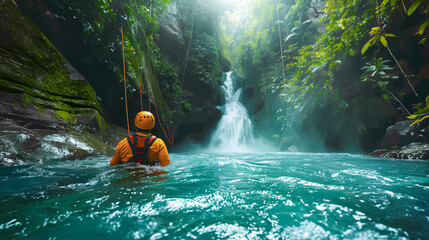 An adventurer in an orange helmet and life vest stands in a turquoise pool gazing at a stunning waterfall in a tropical jungle.