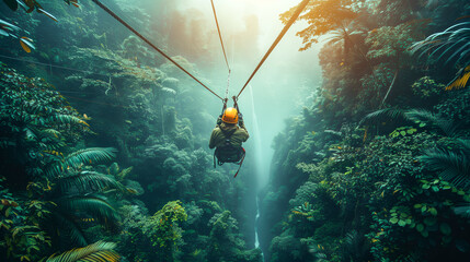 Person ziplining through a lush, dense tropical rainforest canopy, surrounded by vibrant green foliage and morning mist, embodying adventure and nature's tranquility.