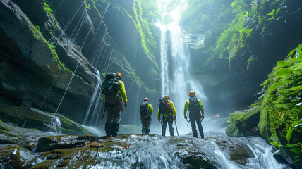 A group of adventurers in helmets and backpacks stands mesmerized by the majestic waterfall in a...