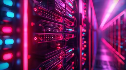 Obraz premium Artificial Intelligence Server Rack A server rack glowing with LED lights, housing advanced AI proc