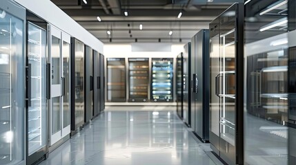 Naklejka premium eclectic display of empty glass door refrigerators in appliance store showroom 3d render visualization