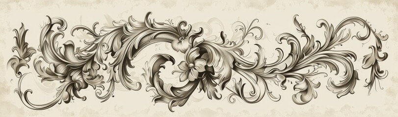Fototapeta premium Monochrome swirls and floral patterns stretching across a dark background in a seamless design..