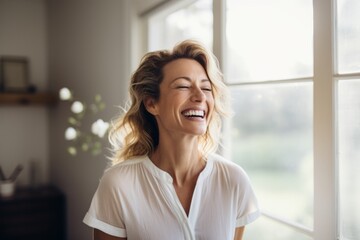Fototapeta premium Portrait of a smiling woman in her 40s laughing while standing against crisp minimalistic living room