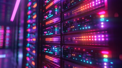 Fototapeta premium Artificial Intelligence Server Rack A server rack glowing with LED lights, housing advanced AI proc