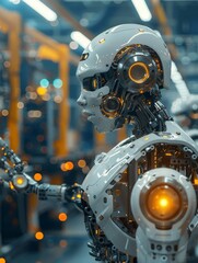 Fototapeta premium At a hightech manufacturing plant, robots and workers assemble the latest electric vehicles The facility is powered by renewable energy and has an advanced waste recycling system