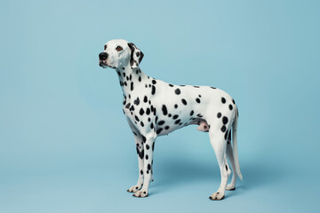Dalmatian dog standing on a blue background looking away, white body with black spots, elegant pose